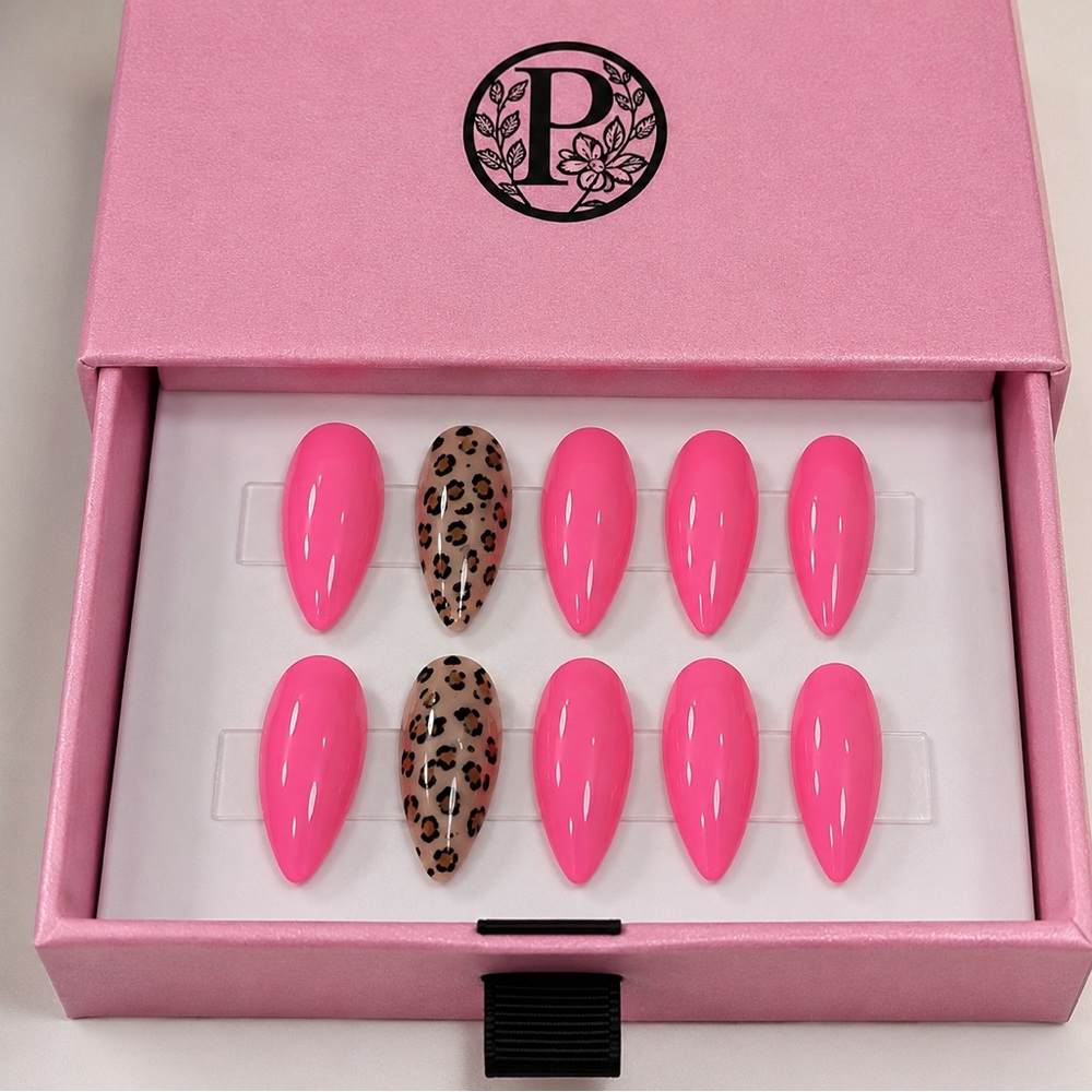 “Party Animal” Pink Stiletto Press-On Nail Set with Leopard Accent
